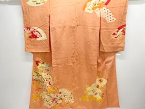 アンティーク　紋錦紗扇面に草花・御所車模様刺繍着物